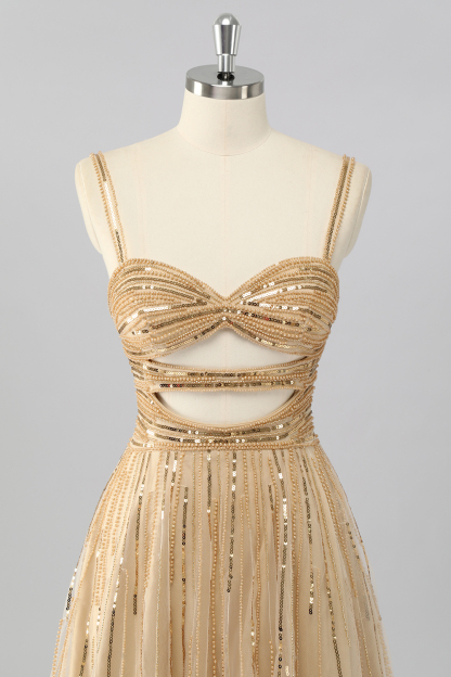 Sparkly Gold Cut Out A Line Short Homecoming Dress with Sequins