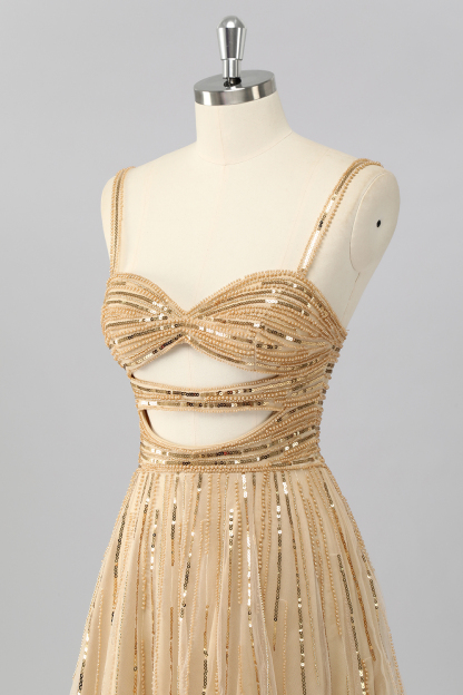 Sparkly Gold Cut Out A Line Short Homecoming Dress with Sequins
