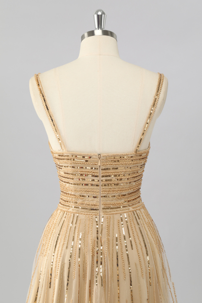 Sparkly Gold Cut Out A Line Short Homecoming Dress with Sequins