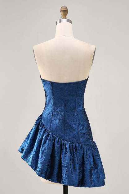 Metallic Dark Blue Strapless Corset Asymmetrical Homecoming Dress