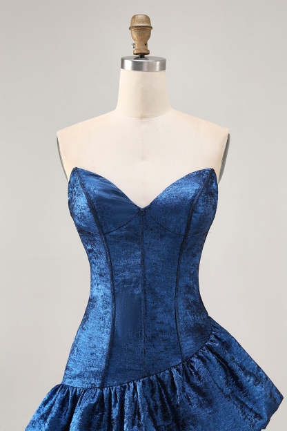 Metallic Dark Blue Strapless Corset Asymmetrical Homecoming Dress