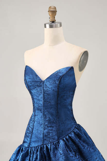 Metallic Dark Blue Strapless Corset Asymmetrical Homecoming Dress