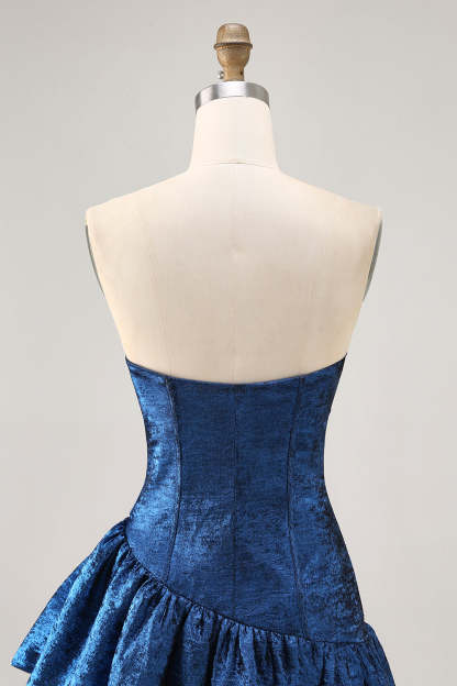 Metallic Dark Blue Strapless Corset Asymmetrical Homecoming Dress