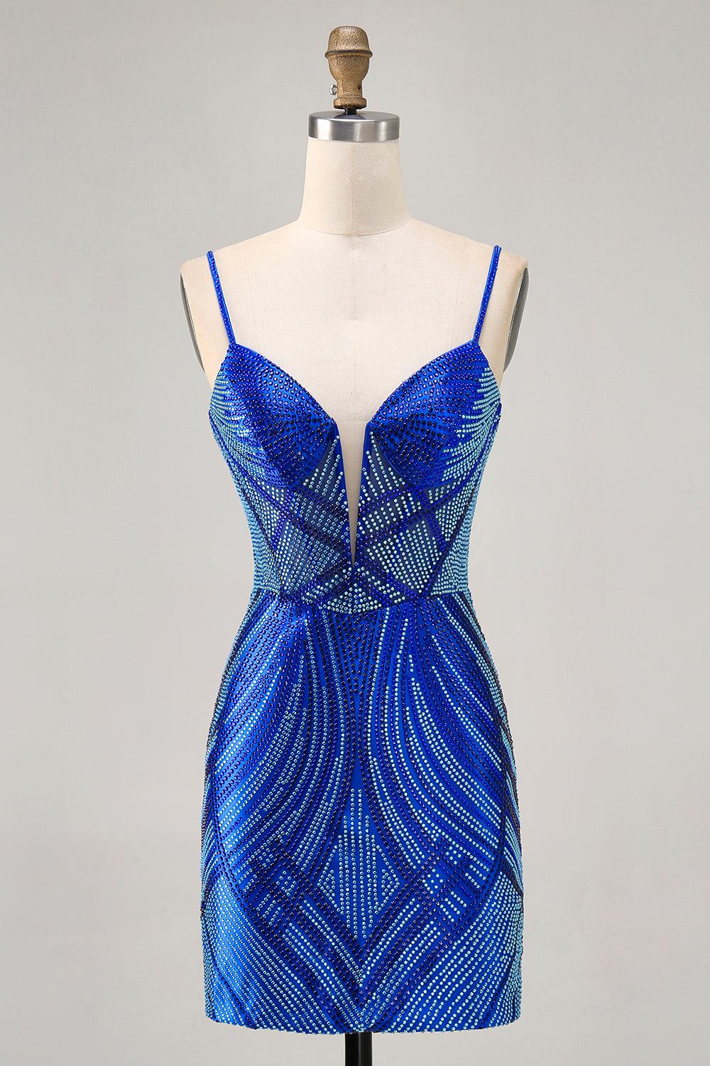 Sparkly Royal Blue Spaghetti Straps Backless Short Tight Homecoming Dress with Beading