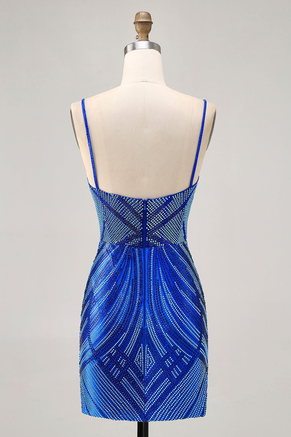 Sparkly Royal Blue Spaghetti Straps Backless Short Tight Homecoming Dress with Beading