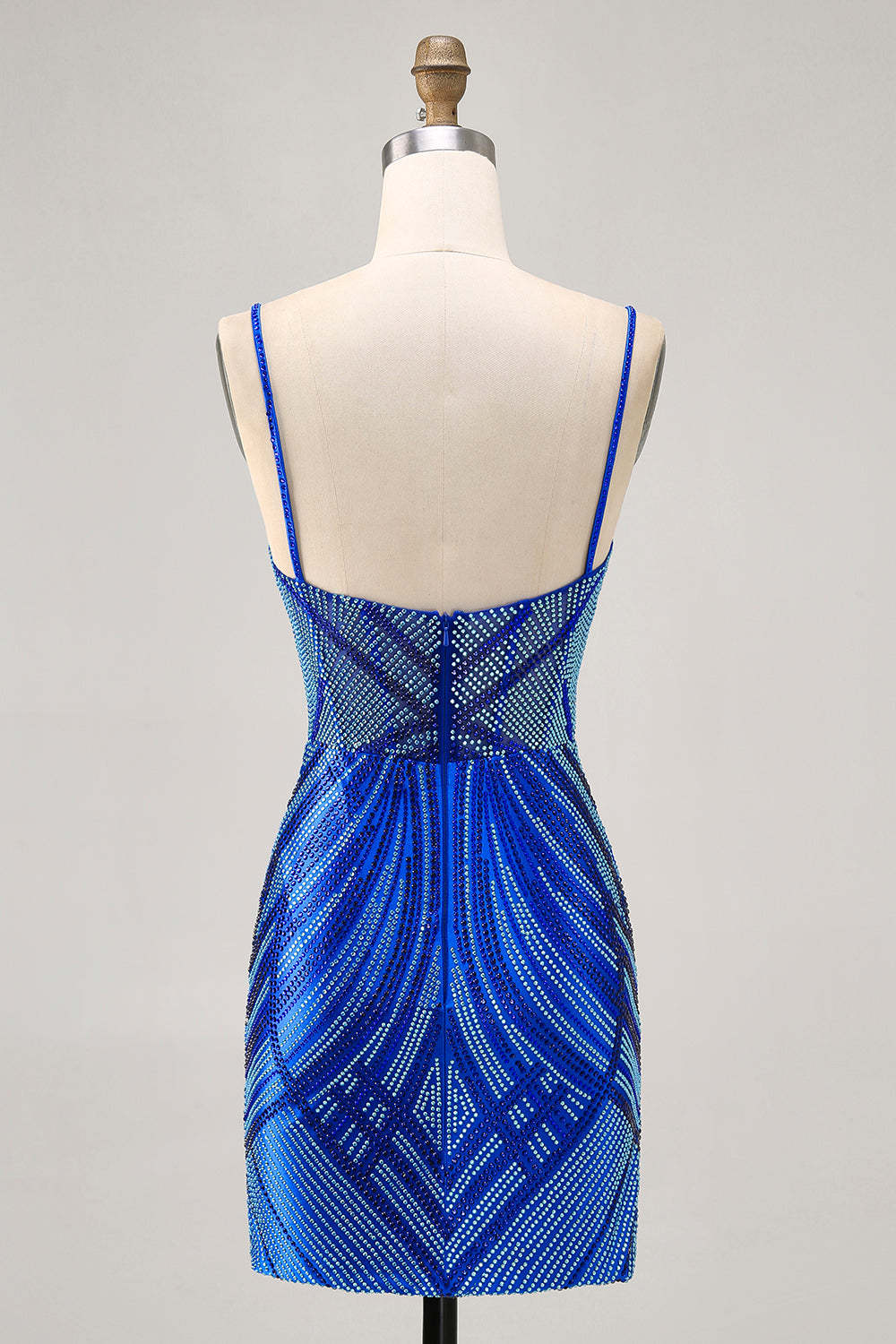 Sparkly Royal Blue Spaghetti Straps Backless Short Tight Homecoming Dress with Beading