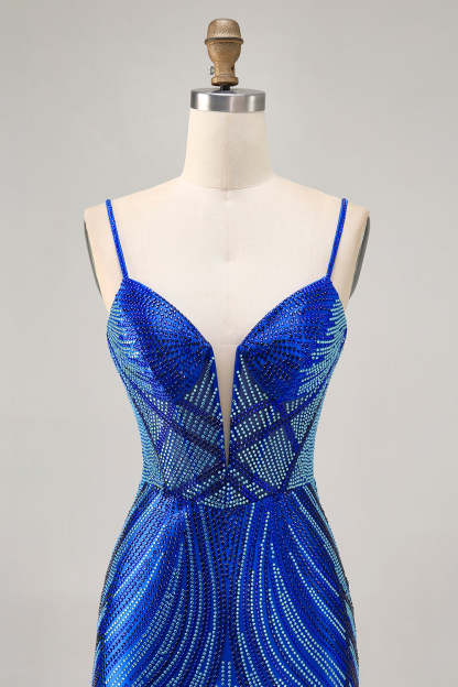 Sparkly Royal Blue Spaghetti Straps Backless Short Tight Homecoming Dress with Beading