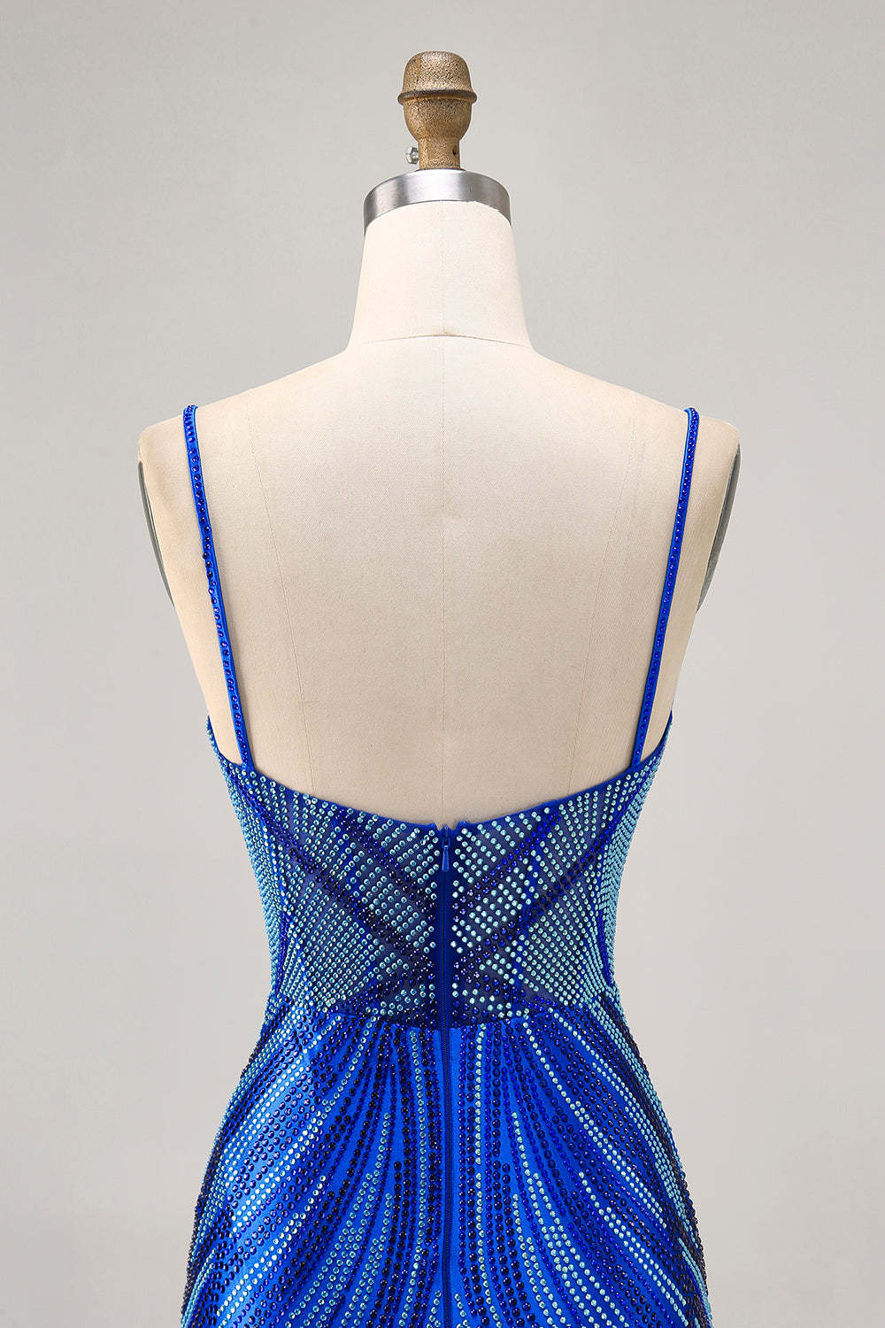 Sparkly Royal Blue Spaghetti Straps Backless Short Tight Homecoming Dress with Beading