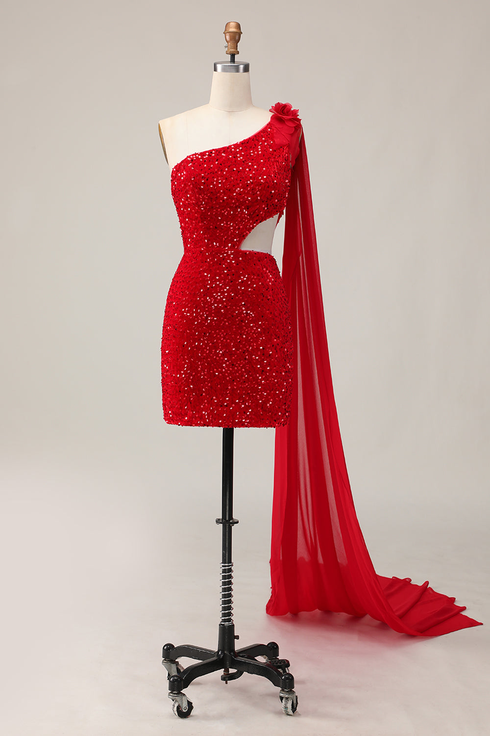 Sparkly Red One Shoulder Short Sequined Homecoming Dress with 3D Flowers