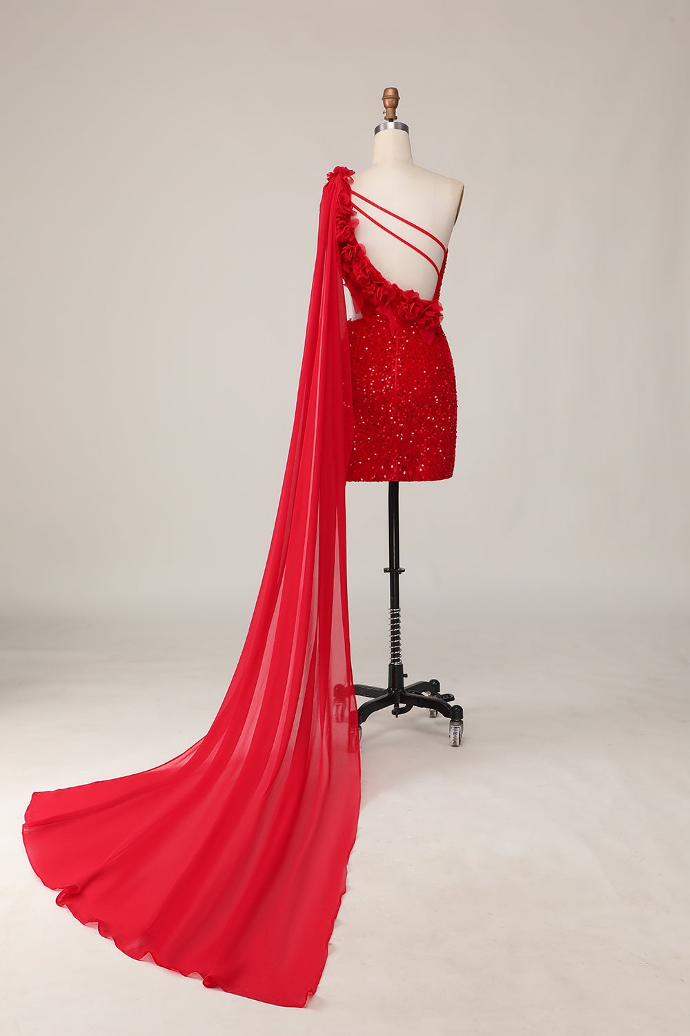 Sparkly Red One Shoulder Short Sequined Homecoming Dress with 3D Flowers