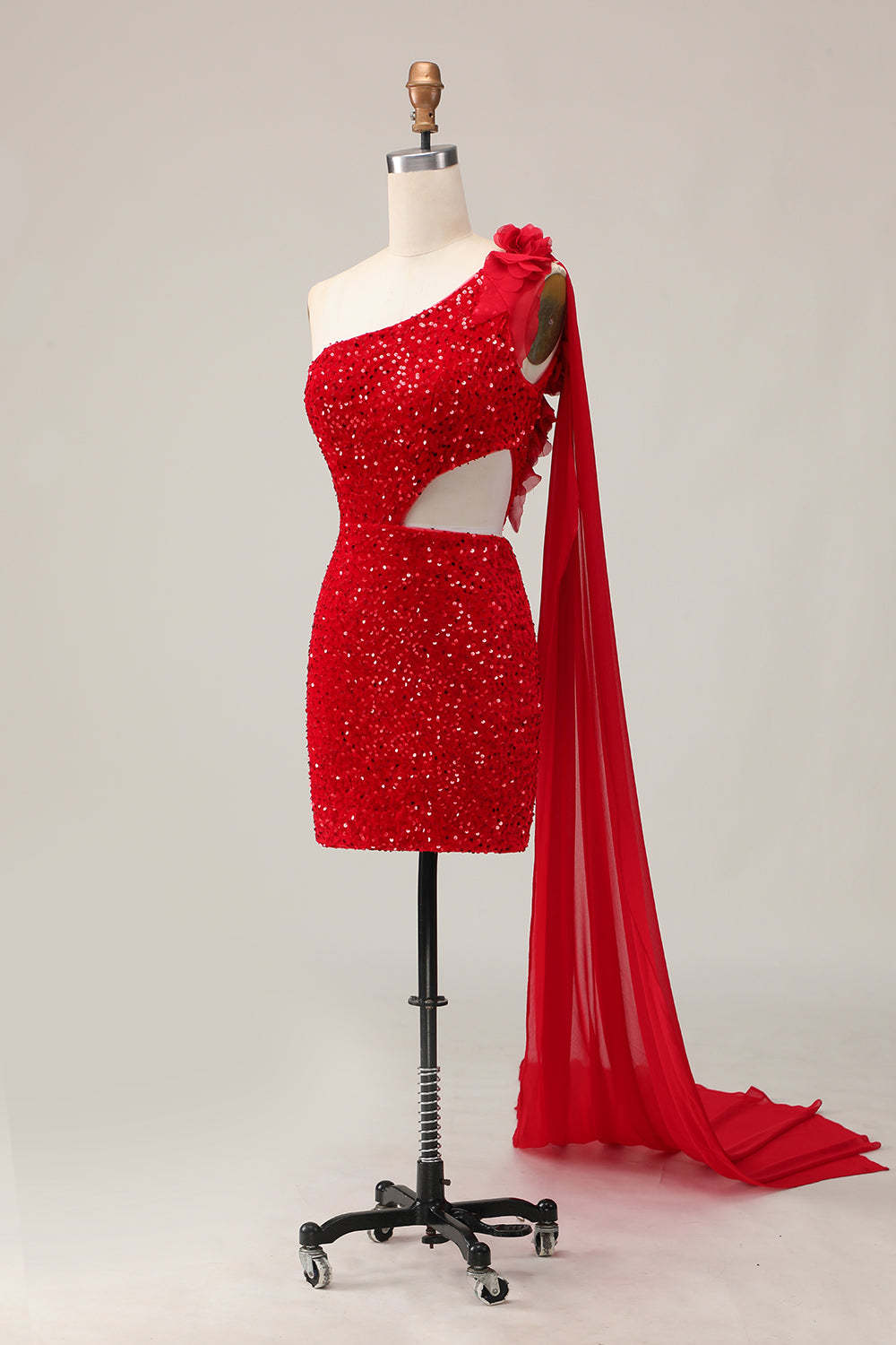 Sparkly Red One Shoulder Short Sequined Homecoming Dress with 3D Flowers