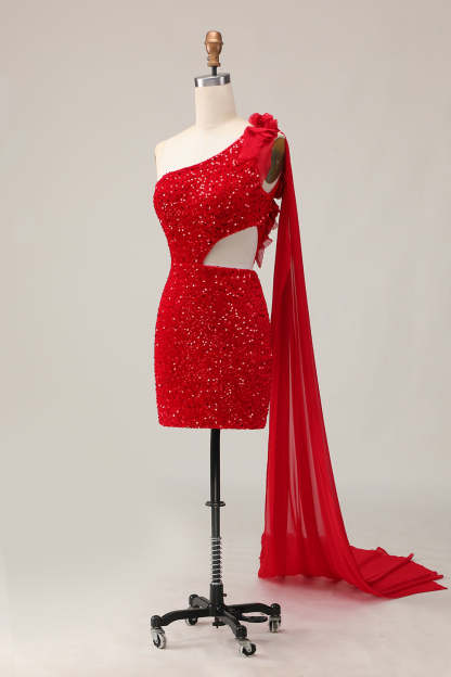 Sparkly Red One Shoulder Short Sequined Homecoming Dress with 3D Flowers