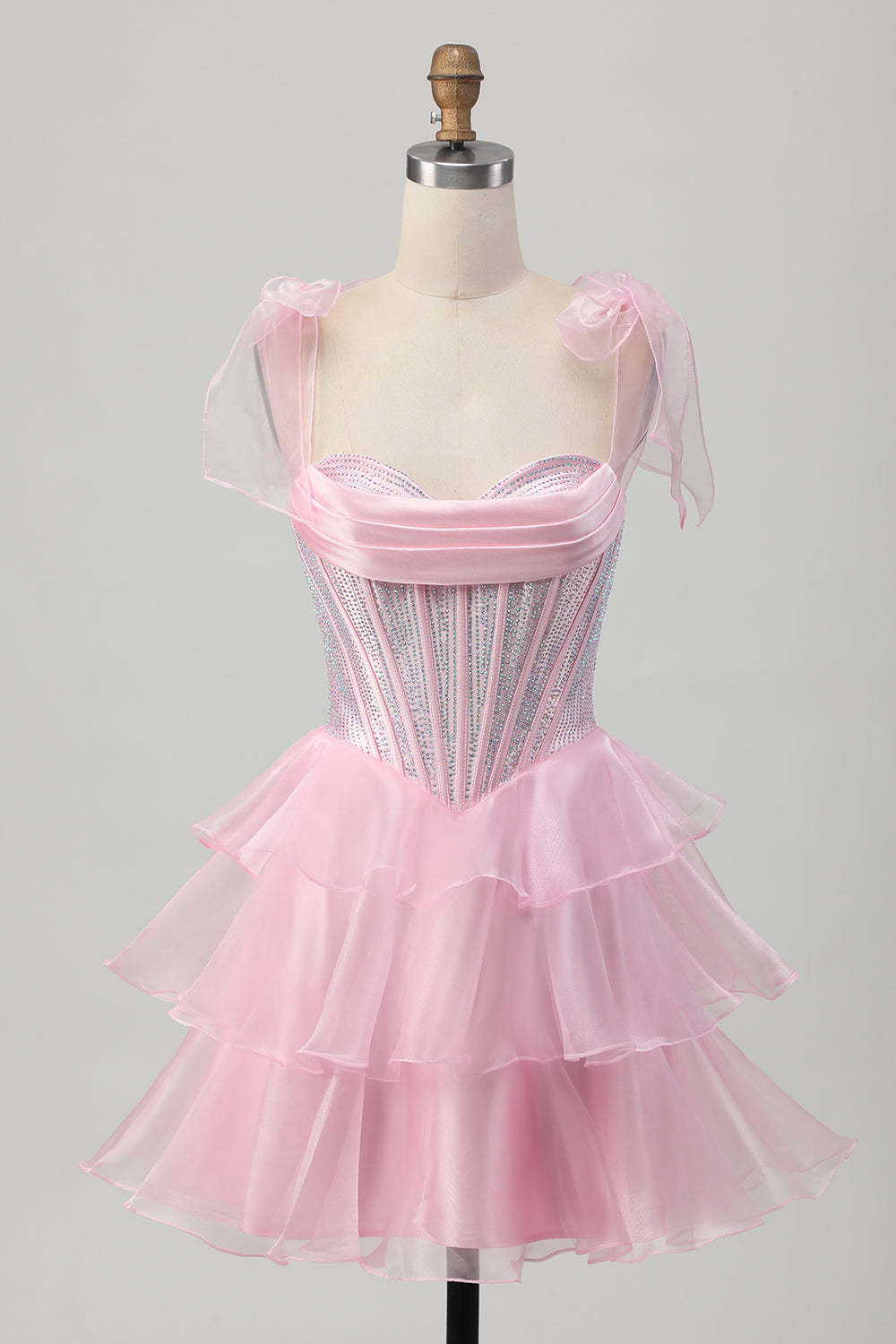 Leely Women Sparkly Pink Corset Short Ruffled Homecoming Dress with Beading Ruched Tiered Organza A Line Cocktail Dress