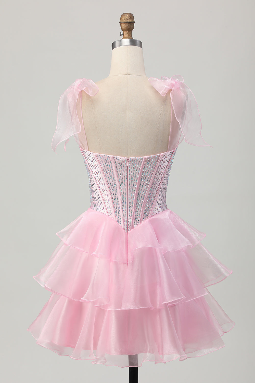 Sparkly Pink Corset Tiered Ruffled Short Homecoming Dress with Beading