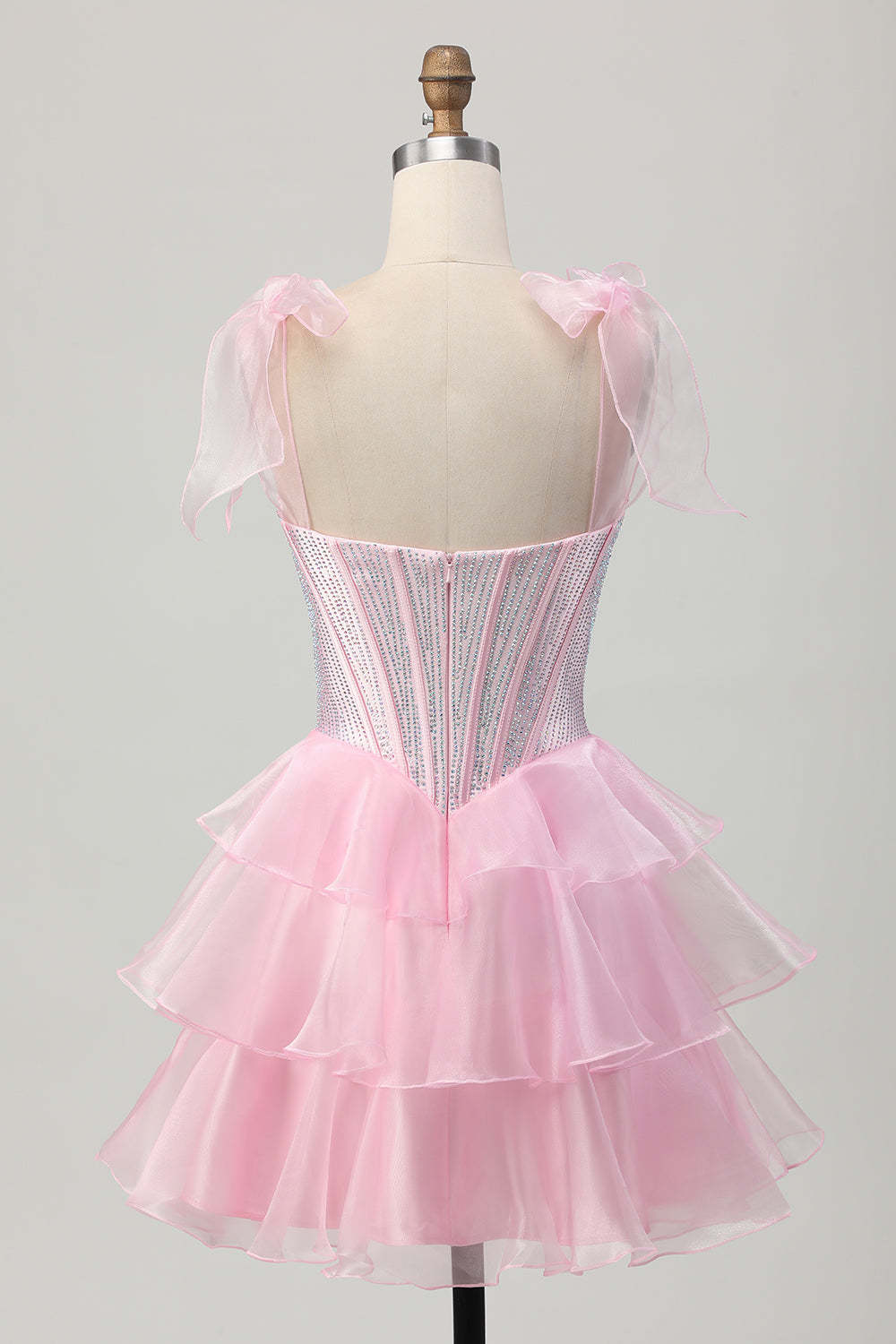 Sparkly Pink Corset Tiered Ruffled Short Homecoming Dress with Beading