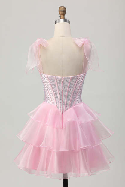 Sparkly Pink Corset Tiered Ruffled Short Homecoming Dress with Beading