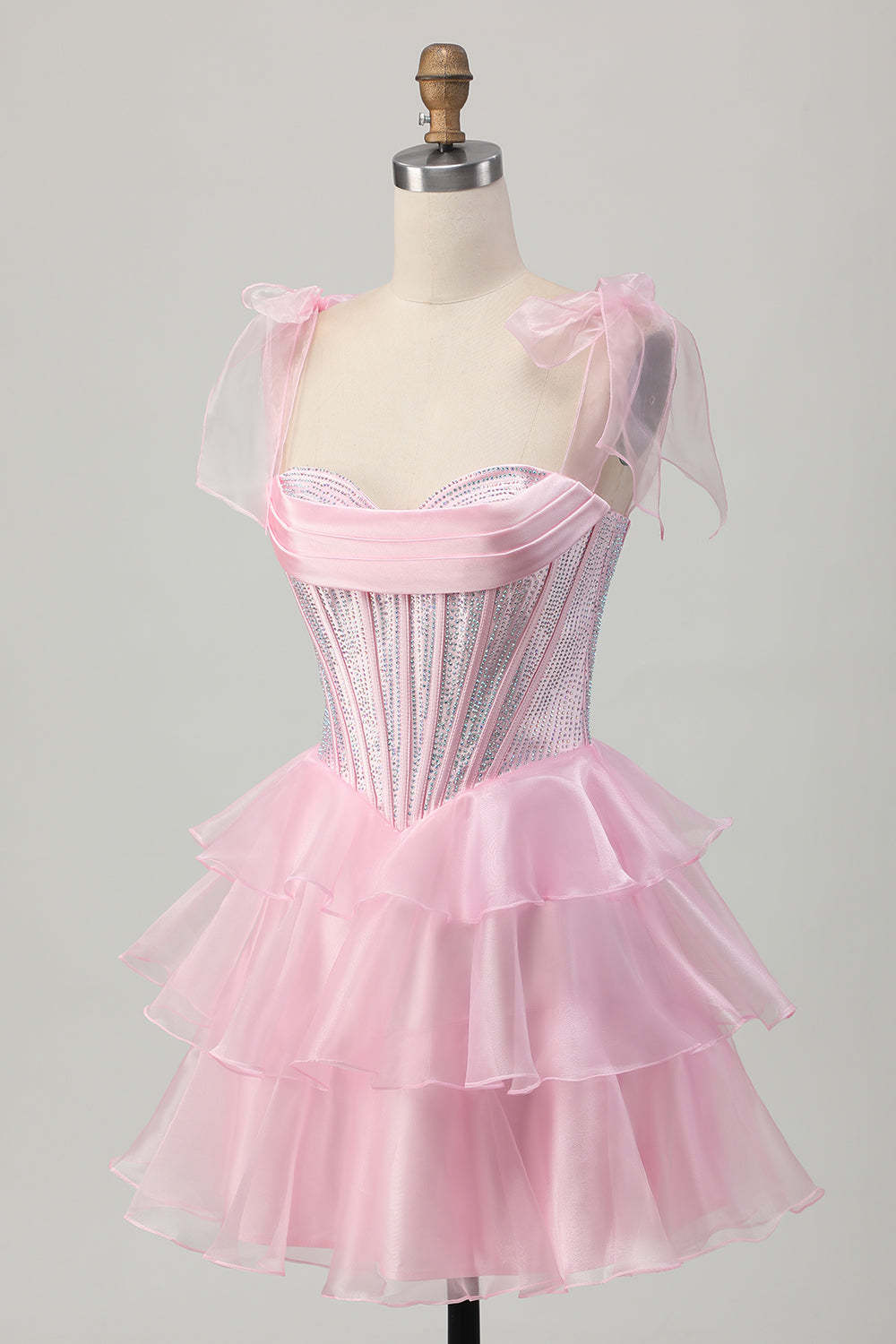 Sparkly Pink Corset Tiered Ruffled Short Homecoming Dress with Beading