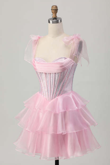 Sparkly Pink Corset Tiered Ruffled Short Homecoming Dress with Beading
