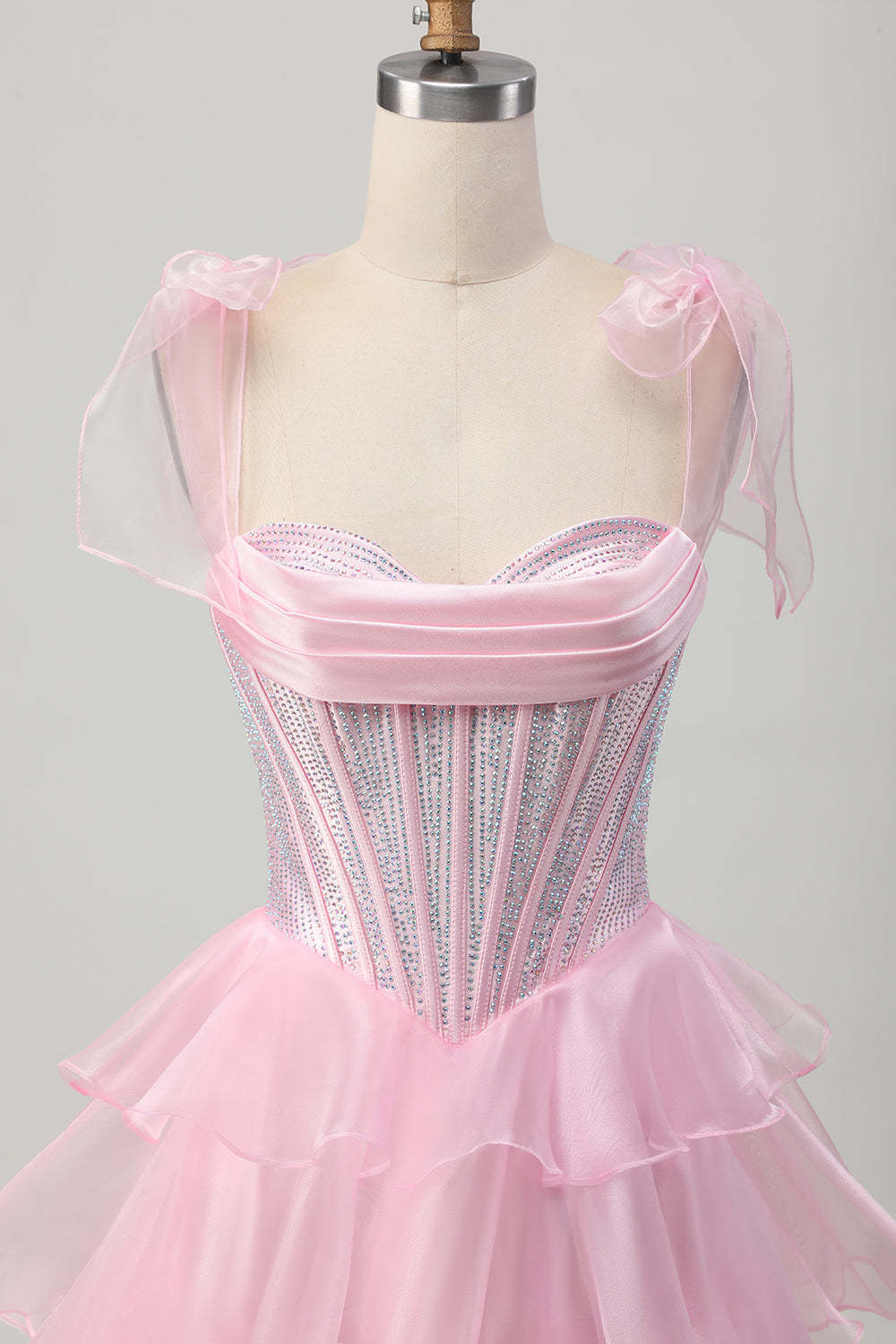 Sparkly Pink Corset Tiered Ruffled Short Homecoming Dress with Beading