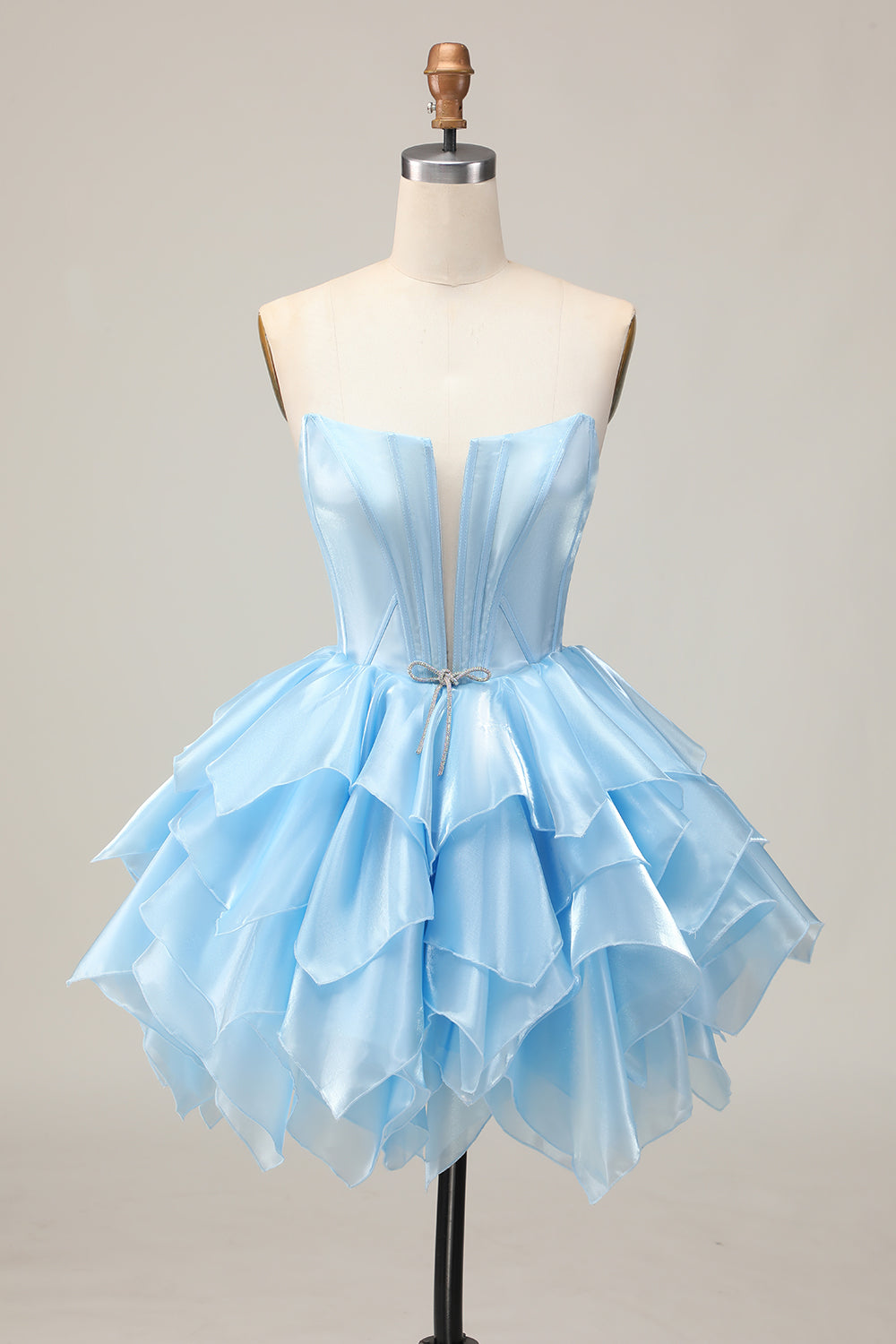 Blue Corset A Line Strapless Tiered Short Homecoming Dress with Ruffles