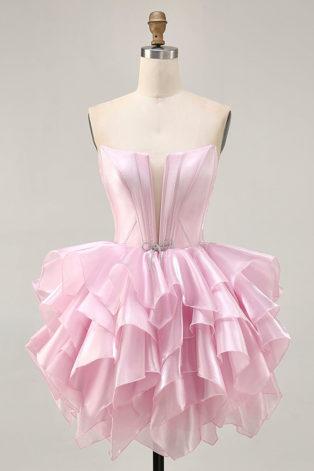 Leely Women Pink Tiered Corset Short Homecoming Dress with Ruffles Strapless A Line Satin Lace Up Back Cocktail Dress with Bow