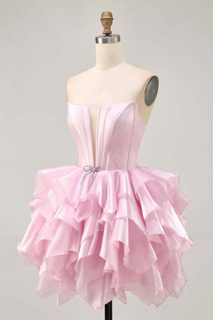 Strapless Corset Pink A Line Tiered Short Homecoming Dress with Ruffles