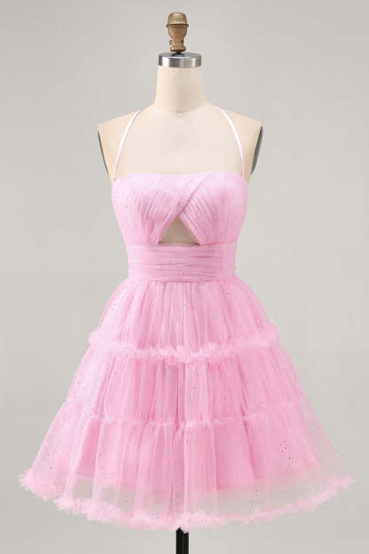 Leely Women Glitter Pink Tulle Short Homecoming Dress with Keyhole Halter A Line Ruched Cocktail Dress with Ruffles