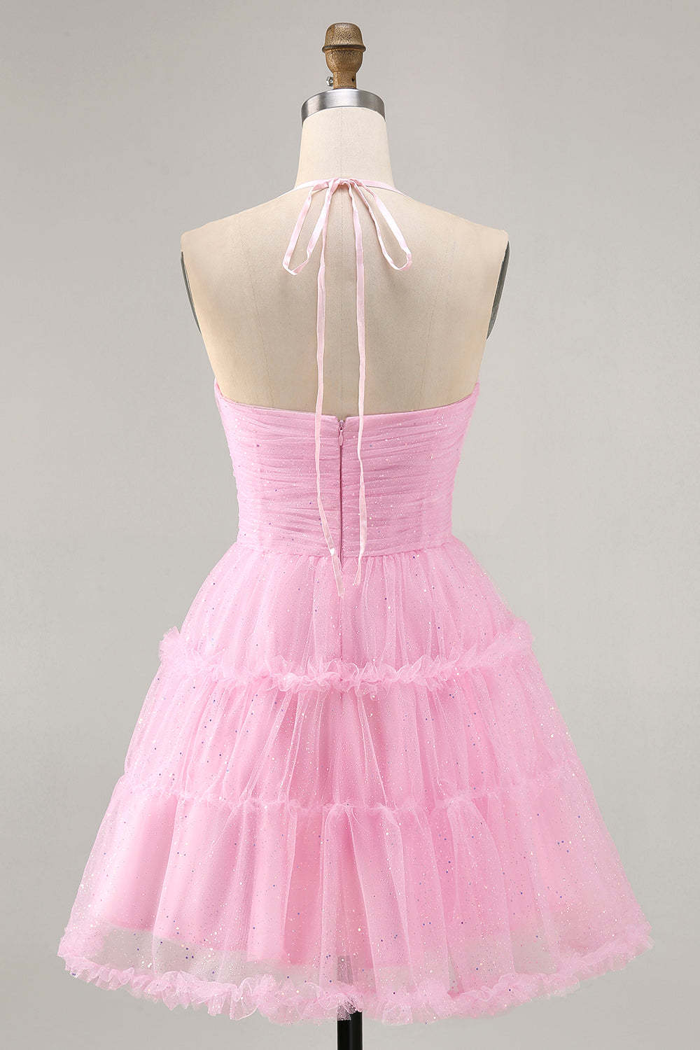 Glitter Pink Halter Ruffled Keyhole Short Homecoming Dress