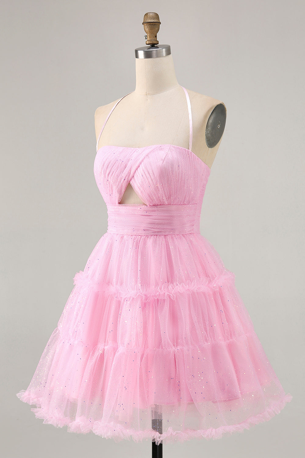 Glitter Pink Halter Ruffled Keyhole Short Homecoming Dress
