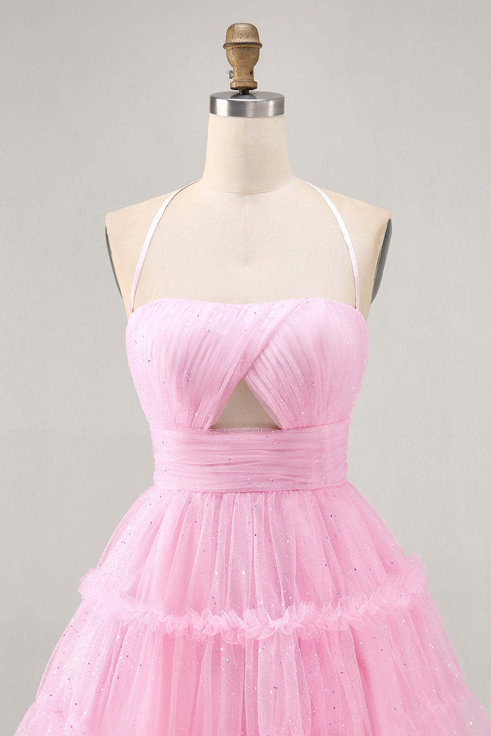 Glitter Pink Halter Ruffled Keyhole Short Homecoming Dress