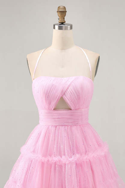 Glitter Pink Halter Ruffled Keyhole Short Homecoming Dress