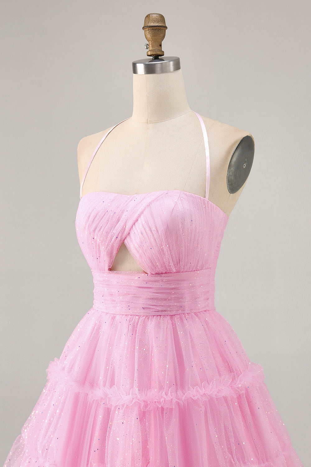 Glitter Pink Halter Ruffled Keyhole Short Homecoming Dress