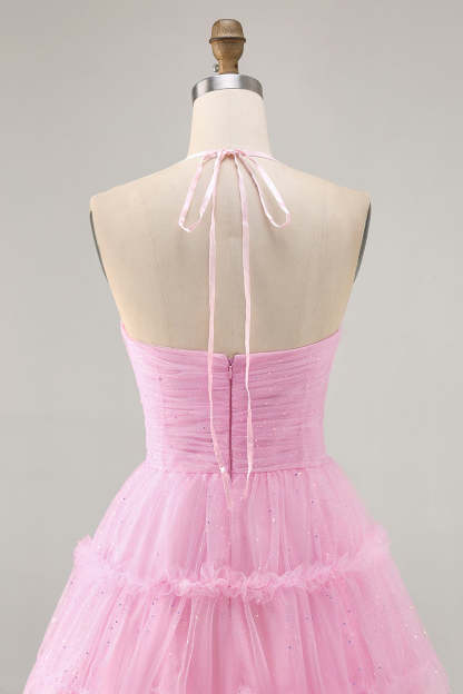 Glitter Pink Halter Ruffled Keyhole Short Homecoming Dress