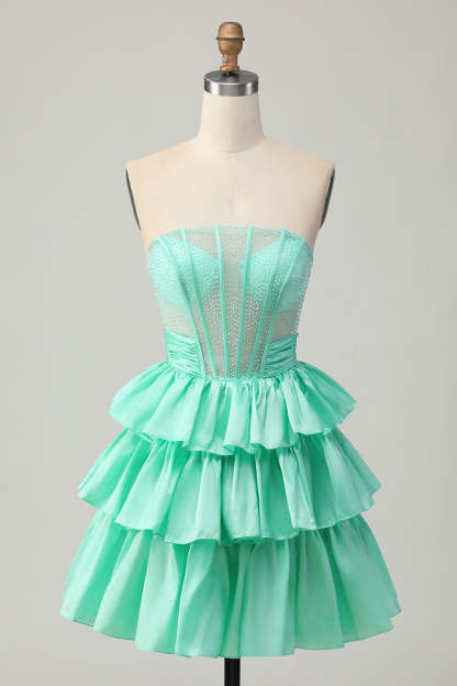 Sparkly Red Ruffled Corset A Line Short Homecoming Dress with Bow