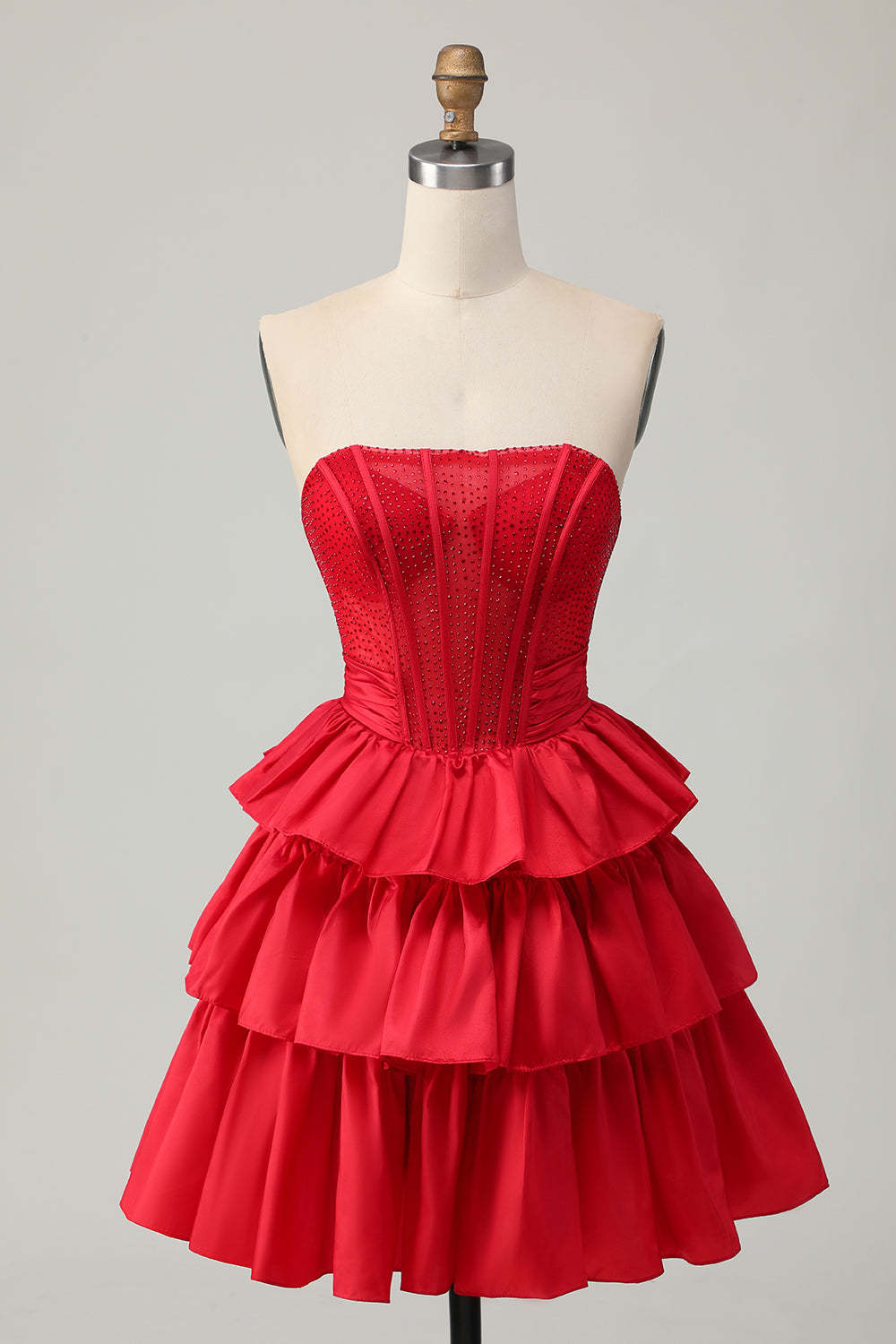 Leely Women Sparkly Red Corset Satin Short Homecoming Dress with Bow A Line Tiered Ruched Backless Strapless Cocktail Dress with Ruffles