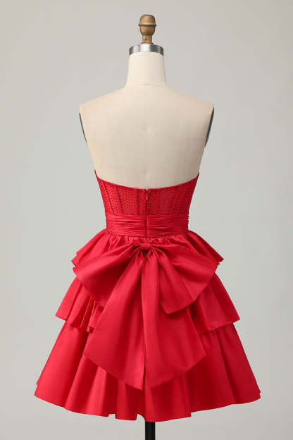 Sparkly Red Ruffled Corset A Line Short Homecoming Dress with Bow