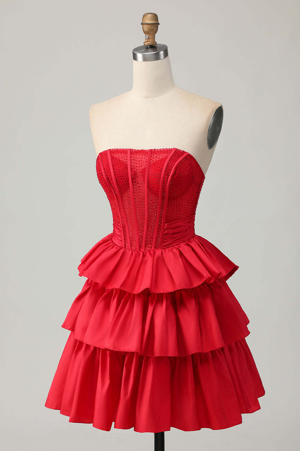Sparkly Red Ruffled Corset A Line Short Homecoming Dress with Bow