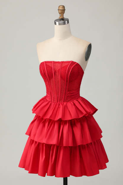 Sparkly Red Ruffled Corset A Line Short Homecoming Dress with Bow