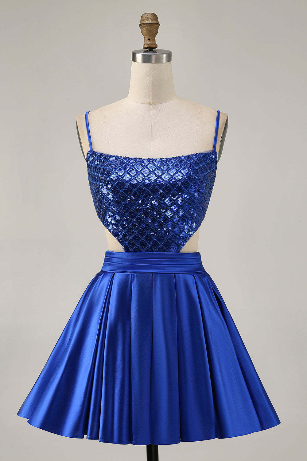 Leely Women Sparkly Royal Blue Satin Short Homecoming Dress with Sequins A Line Spaghetti Straps Cut Out Backless Cocktail Dress