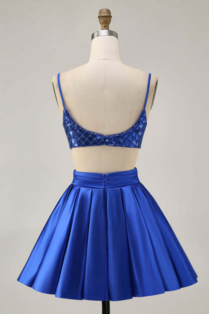 Sparkly Royal Blue Cut Out A Line Short Homecoming Dress with Sequins