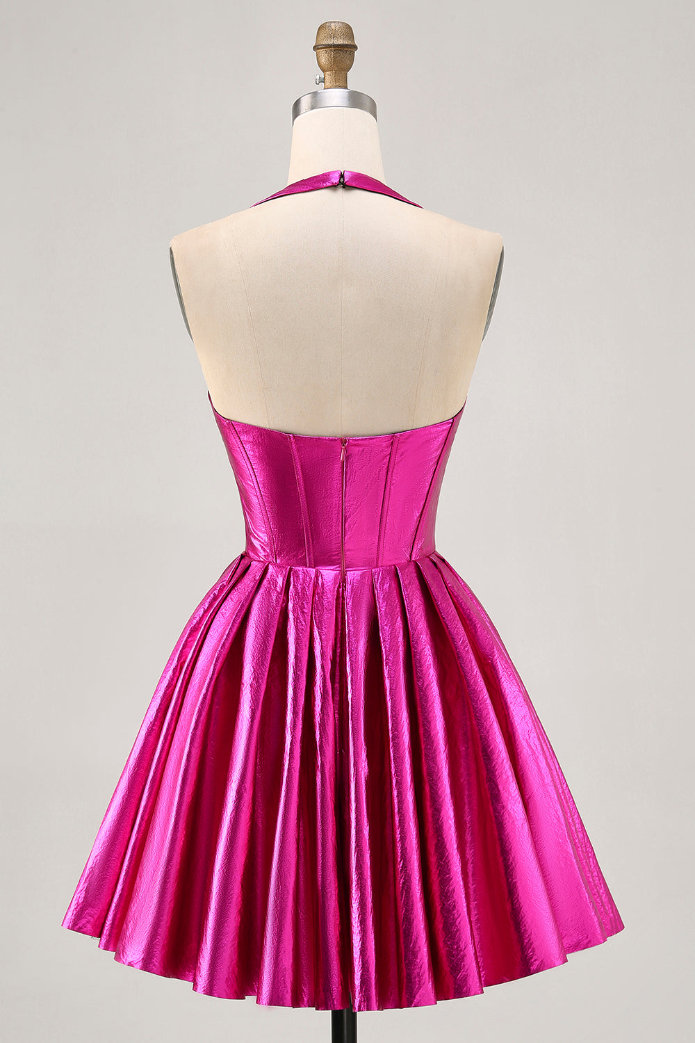 Fuchsia Metallic Halter A Line Short Corset Backless Homecoming Dress