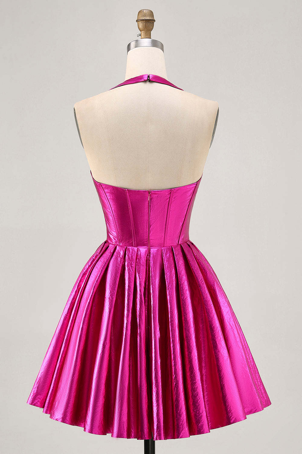 Fuchsia Metallic Halter A Line Short Corset Backless Homecoming Dress