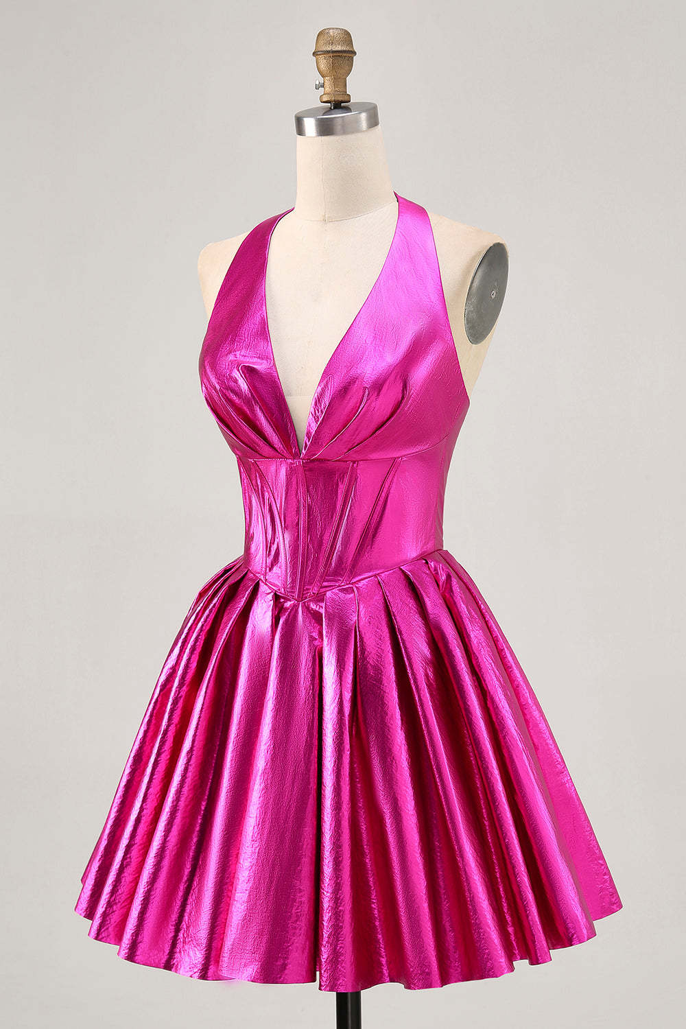 Fuchsia Metallic Halter A Line Short Corset Backless Homecoming Dress