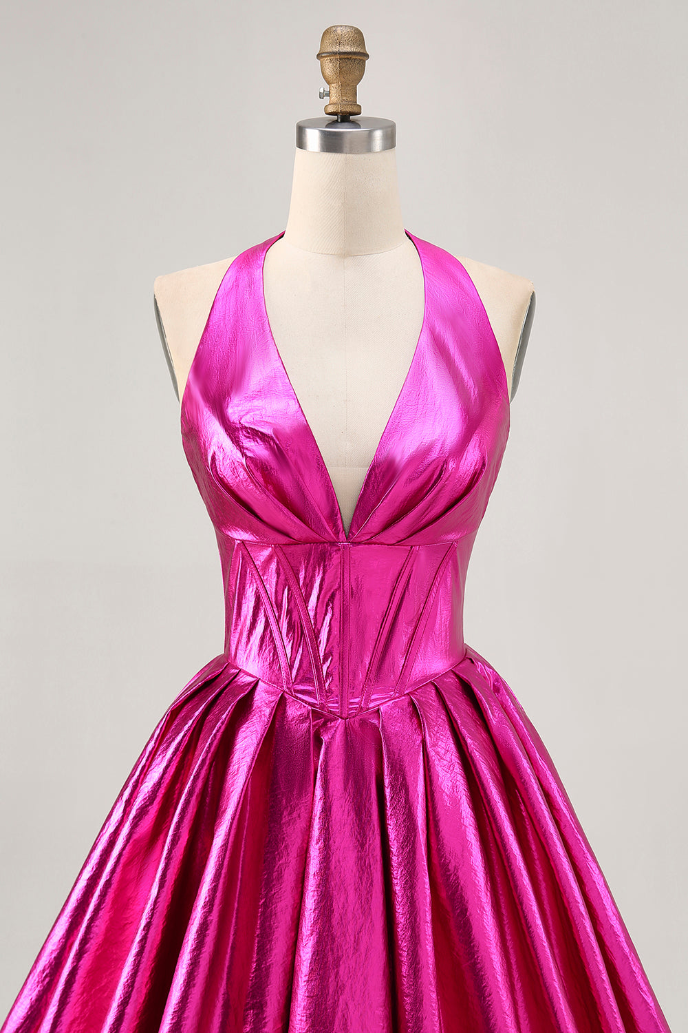 Fuchsia Metallic Halter A Line Short Corset Backless Homecoming Dress