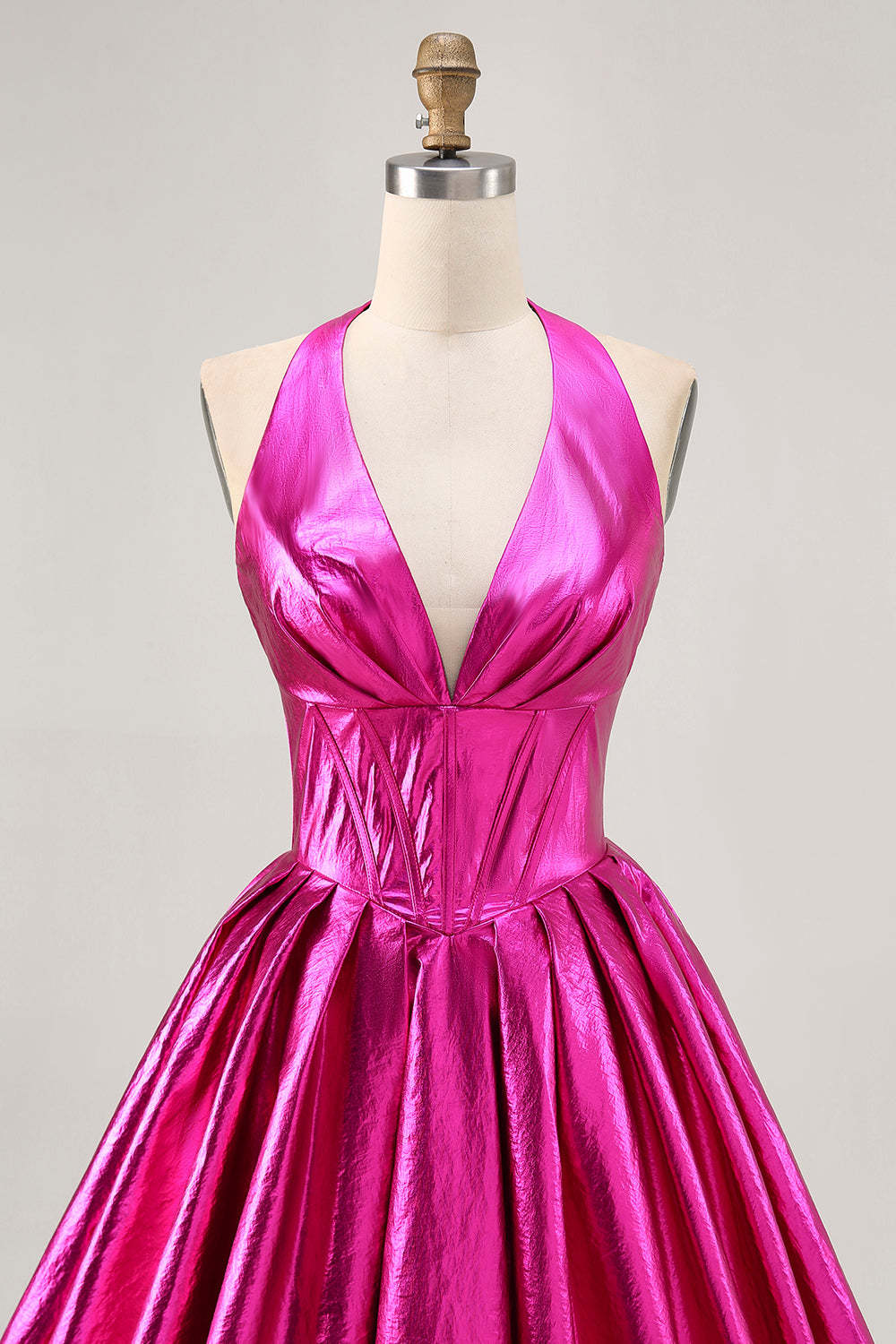 Fuchsia Metallic Halter A Line Short Corset Backless Homecoming Dress