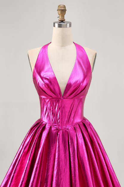 Fuchsia Metallic Halter A Line Short Corset Backless Homecoming Dress