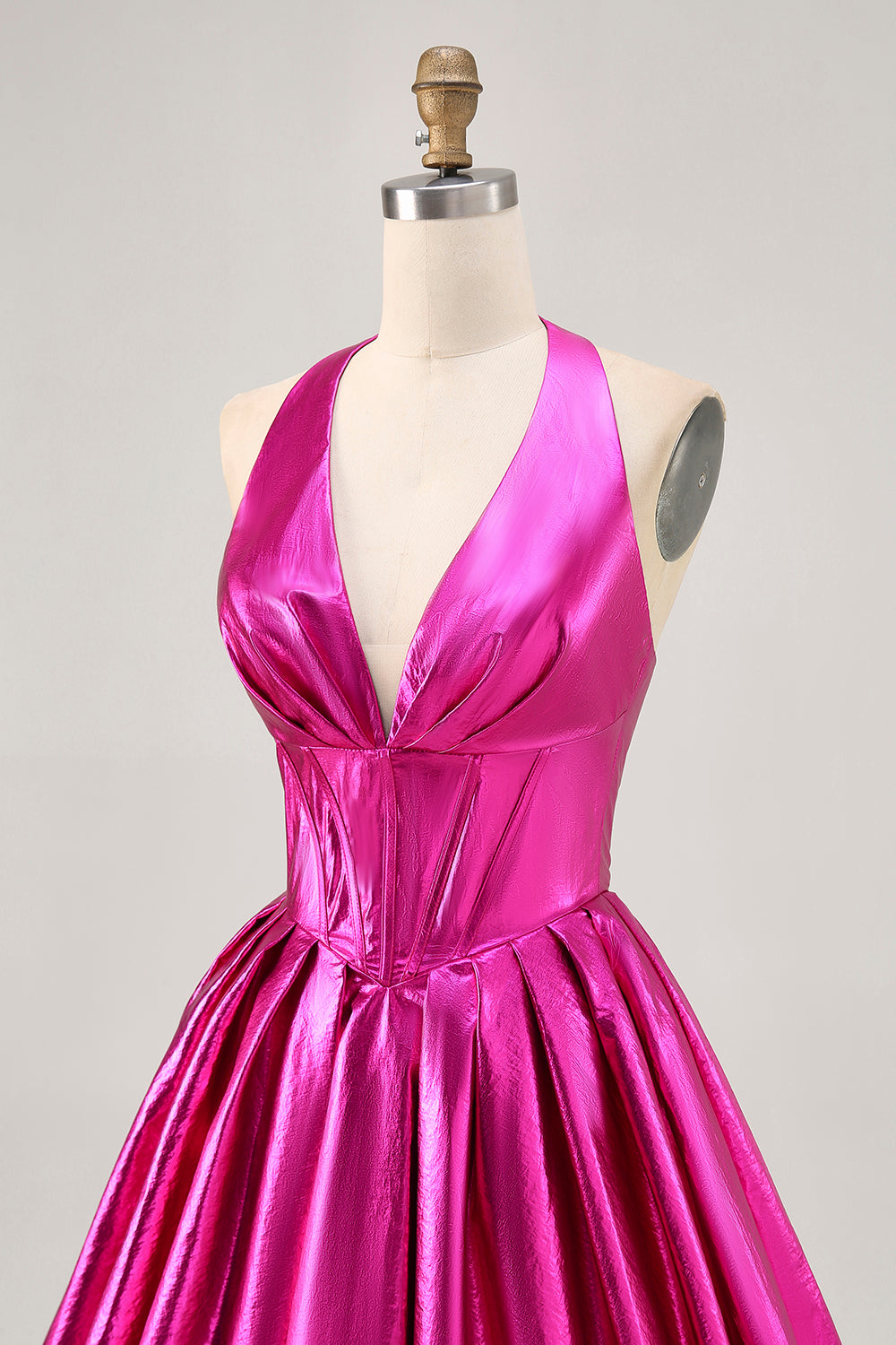 Fuchsia Metallic Halter A Line Short Corset Backless Homecoming Dress