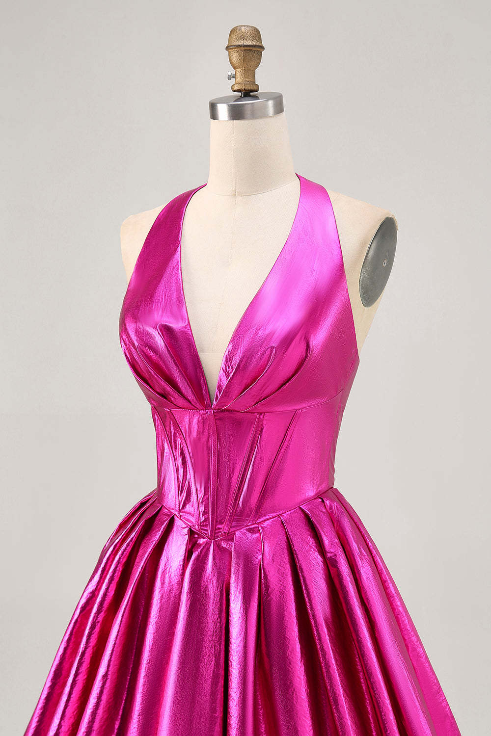 Fuchsia Metallic Halter A Line Short Corset Backless Homecoming Dress