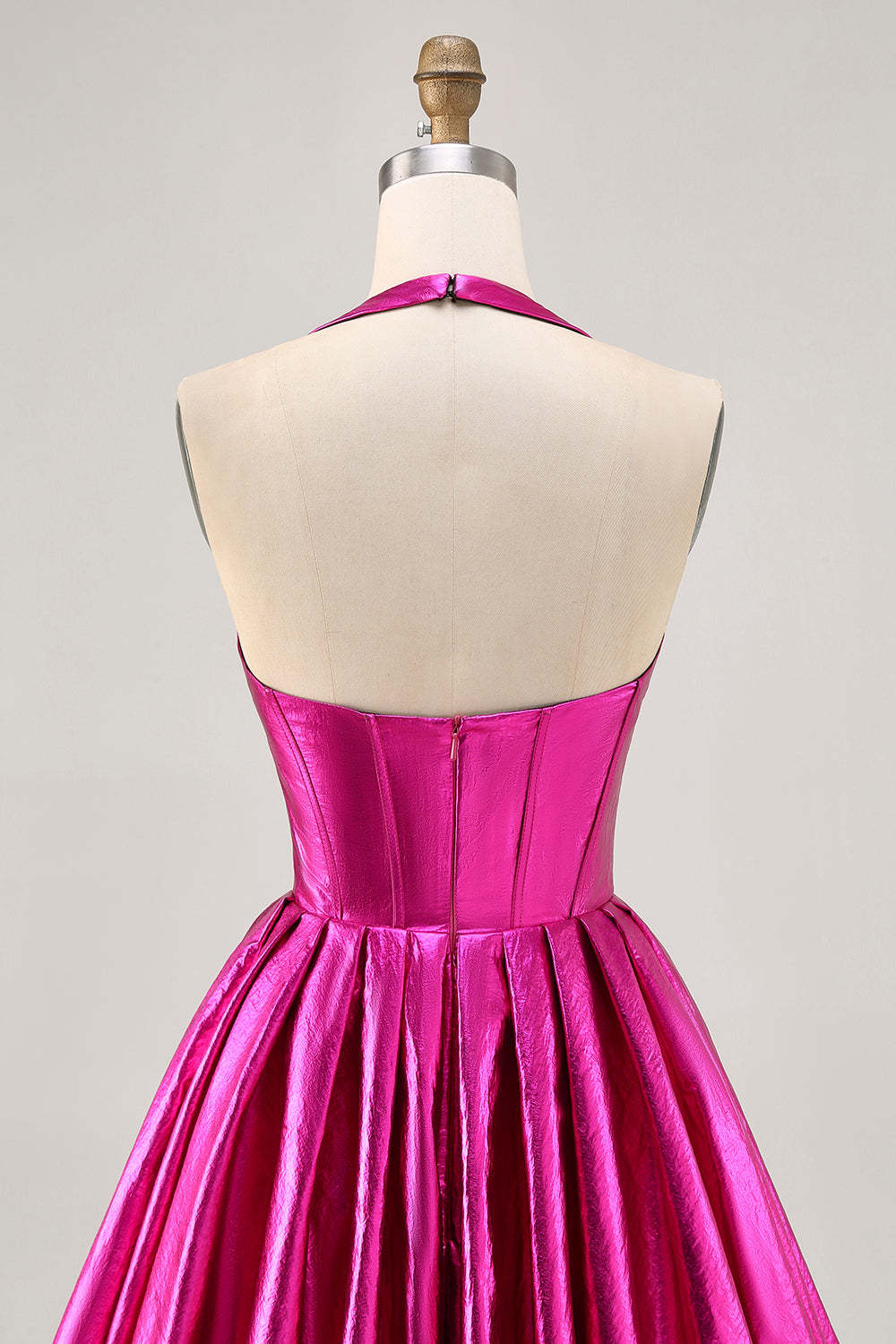 Fuchsia Metallic Halter A Line Short Corset Backless Homecoming Dress