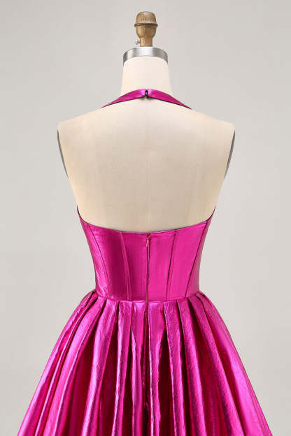 Fuchsia Metallic Halter A Line Short Corset Backless Homecoming Dress